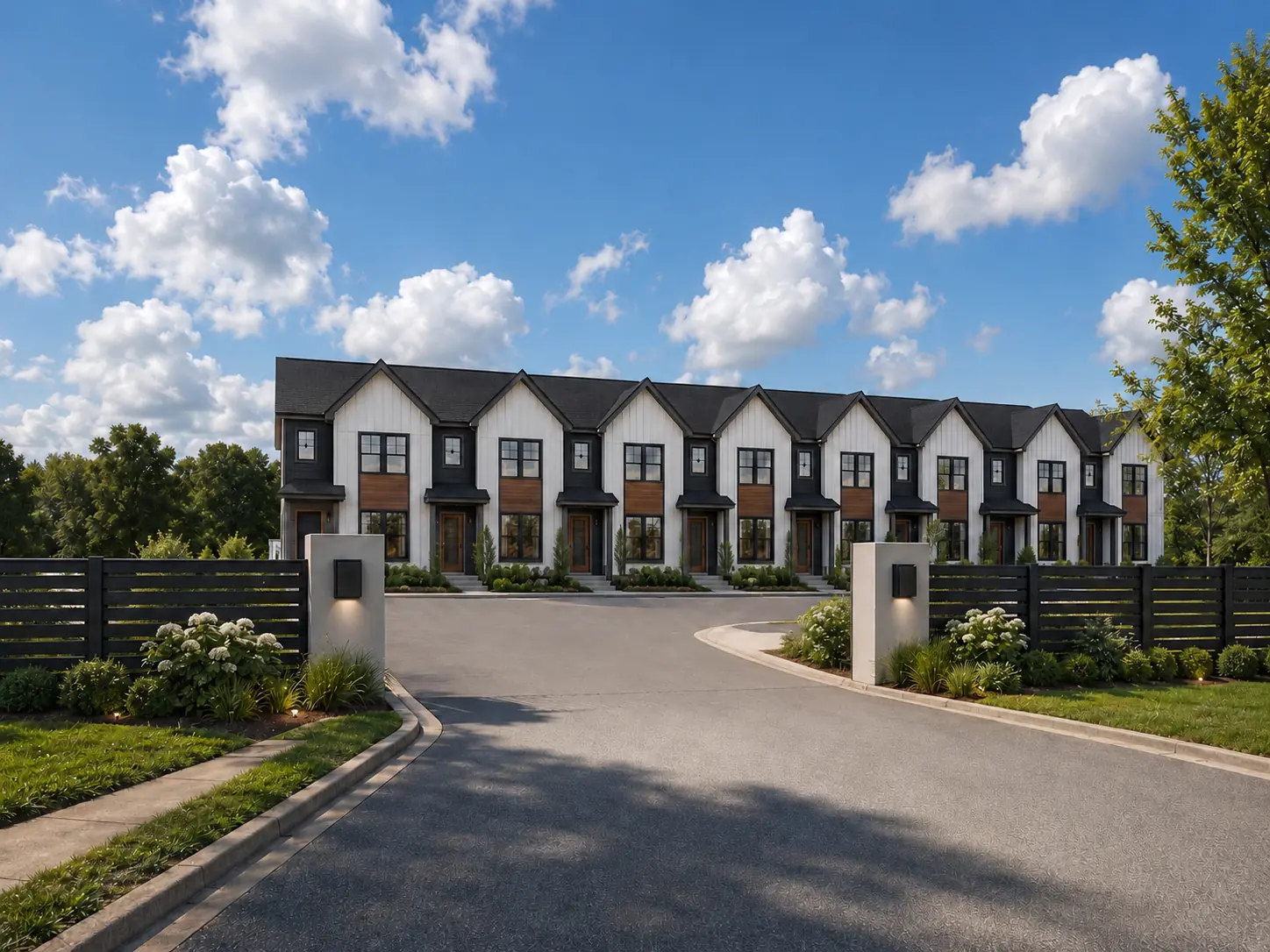 Echelon Preserve townhomes with warm-white siding, charcoal accents, black trim, and natural wood details